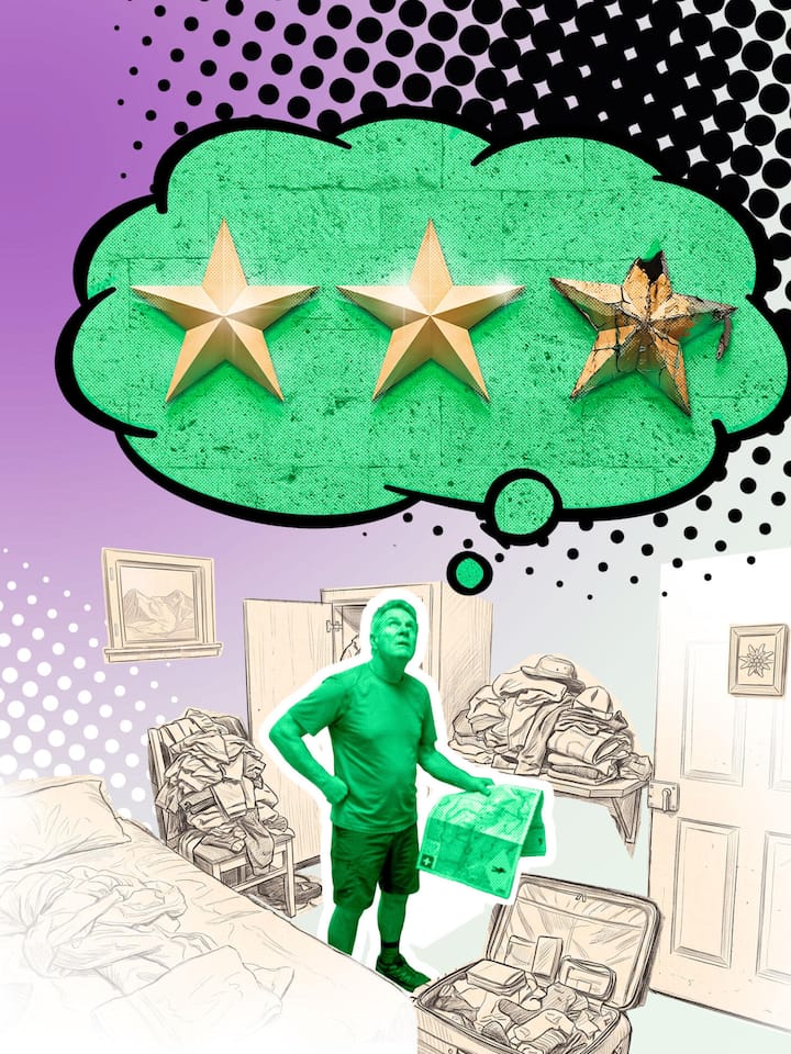 Illustration: Mann in Hotelzimmer mit Denkblase mit Sternen - Was, wenn das Hotel nicht seiner Sternekategorie entspricht.