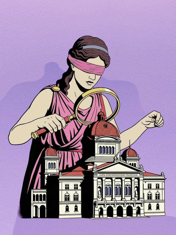 Justizia untersucht mit Augenbinde und Lupe das Bundeshaus - Top-Ten-Ungerechtigkeiten unter der politischen Lupe: Die Parteizugehörigkeit ist ein verlässlicher Meinungs-Spaltpilz