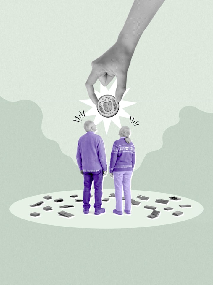 Illustration: Älteres Paar und ein übergrosses 5-Franken-Stück - Wenn die Alters- oder Invalidenrente nicht zum Leben reicht, können Rentnerinnen und Rentner Ergänzungsleistungen beantragen. Der Beobachter klärt die wichtigsten Fragen.