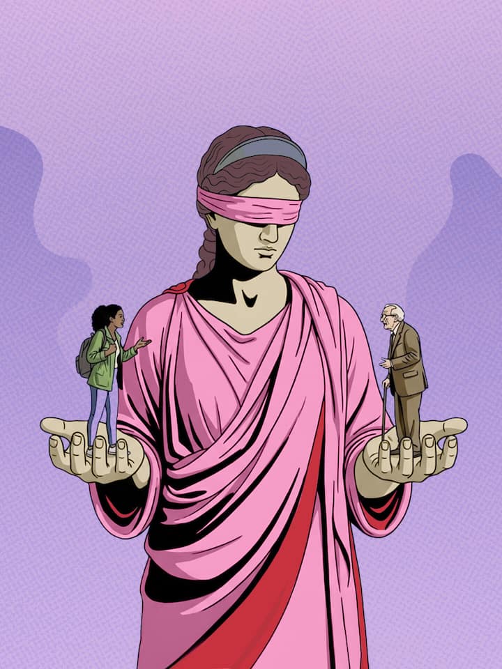 Justizia hält eine Junge und einen Alten auf den Händen - Einst war Fortschritt Gewissheit, heute ist er Ansichtssache. Während die Jungen um ihr Portemonnaie und das Klima bangen, sorgen sich Ältere um Recht und Ordnung