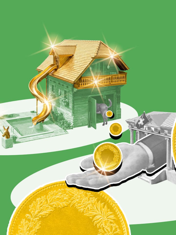 So viel zahlt man beim Hausverkauf an den Fiskus Ein Haus, das zum Verkauf steht, hat ein goldenes Dach sowie eine vergoldete Rutsche, daneben eine ausgestreckte Hand, die eine Goldmünze hält – Wer Wohneigentum verkauft, muss unter Umständen eine Grundgewinnstücksteuer zahlen. Wann sie fällig wird, erklärt der Beobachter