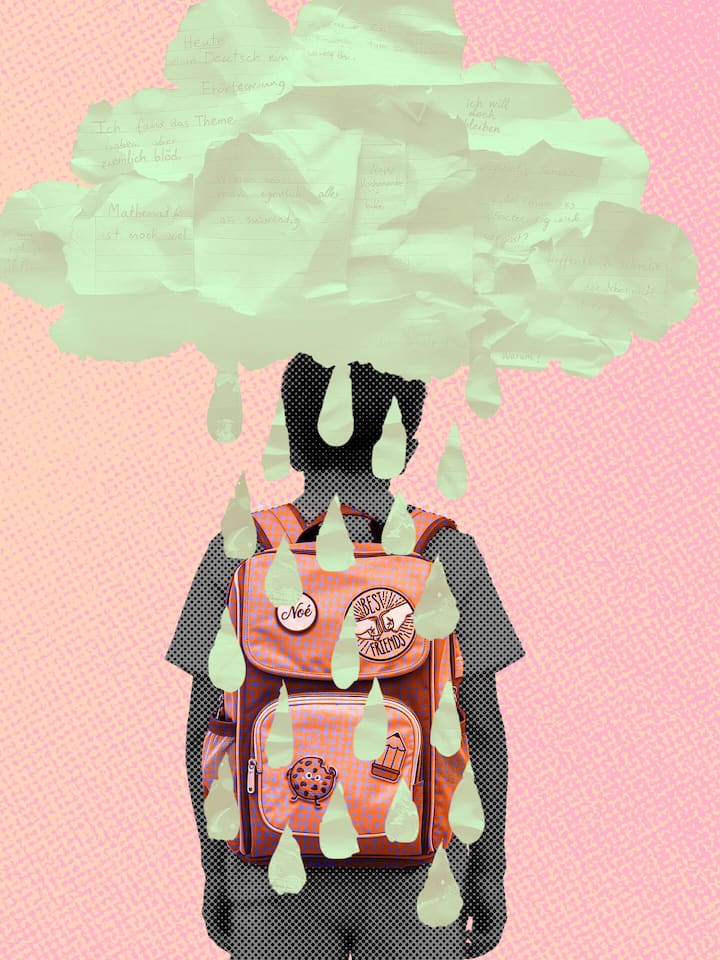 Collage zum Thema Sonderschule: Ein Junge mit Schulrucksack steht unter einer Regenwolke.