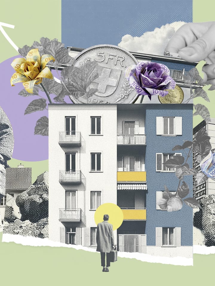 Haus mit riesigem Fünfliber auf dem Dach - In den letzten Jahren kannten die Mietpreise vor allem eine Richtung: steil nach oben. Der Beobachter zeigt, welche Grenzen das Recht setzt und was die Mieterschaft tun kann