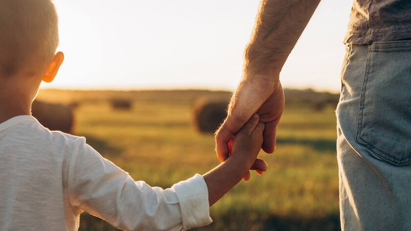 Father's and his son holding hands at sunset field. Dad leading son over summer nature outdoor. Family, trust, protecting, care, parenting concept