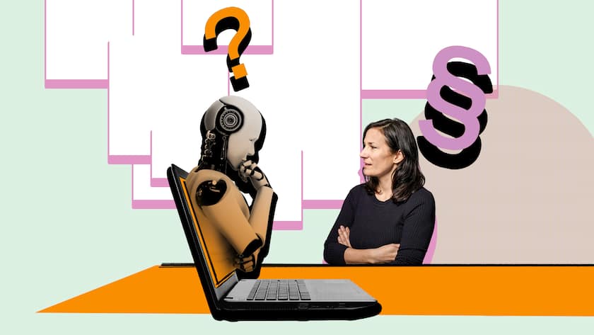 Was verstehst du von Kaufverträgen, ChatGPT? Beobachter-Rechtsexpertin Nicole Müller stellt juristische Fragen an den Chat-Bot «ChatGPT». Die künstliche Intelligenz ist als Roboter dargestellt, die aus einem Laptop-Bildschirm hinausragt. In dieser Unterhaltung will die Juristin mehr über Kaufverträge wissen und was in Bezug dessen im Schweizer Recht gilt.
