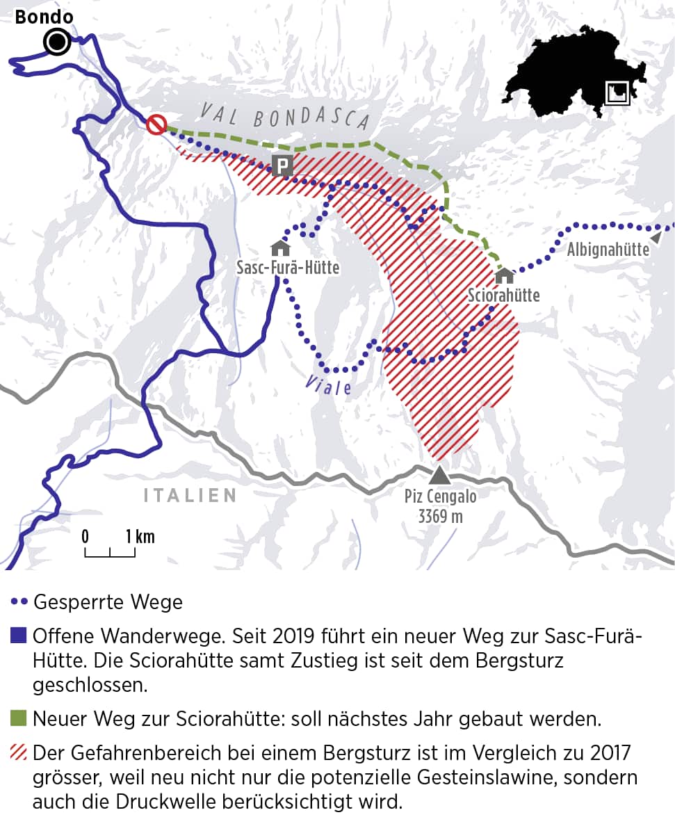 Karte der Region um Bondo GR mit gesperrten und geplanten Wanderwegen