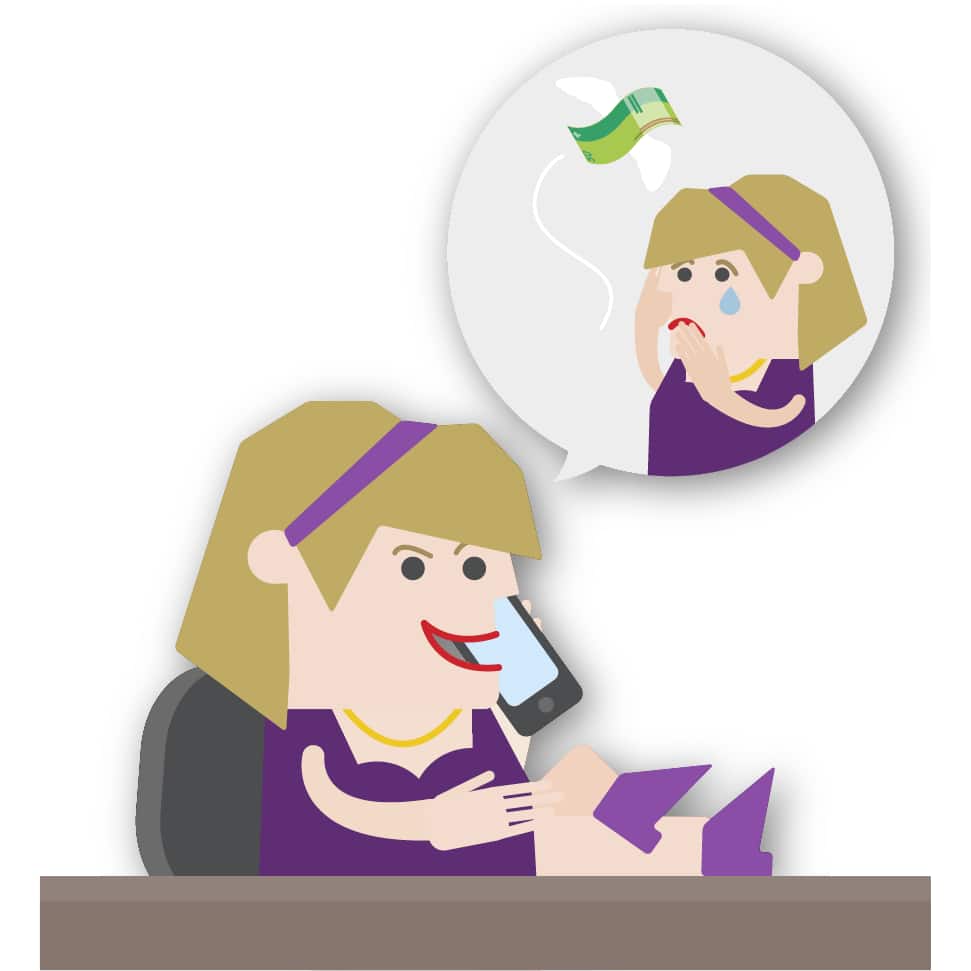 Eine Karrikatur einer jungen Frau, die sich als Enkelin gegenüber einer älteren Person am Telefonhörer ausgibt.