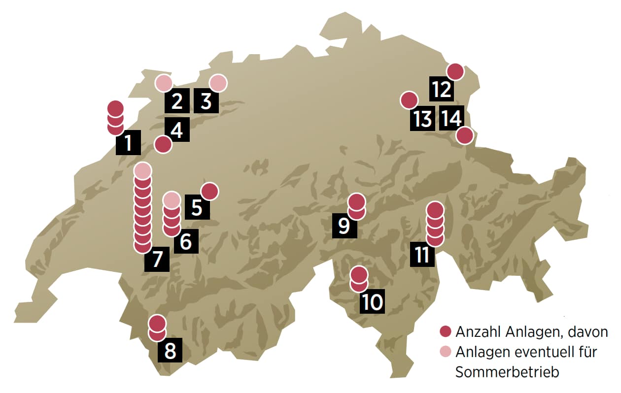 Karte: Stillgelegte Skigebiete in der Schweiz