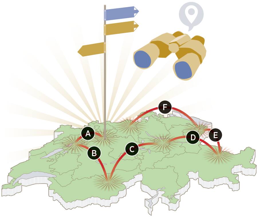 Karte mit den Routen der Schweiz-Exkursion des Beobachters