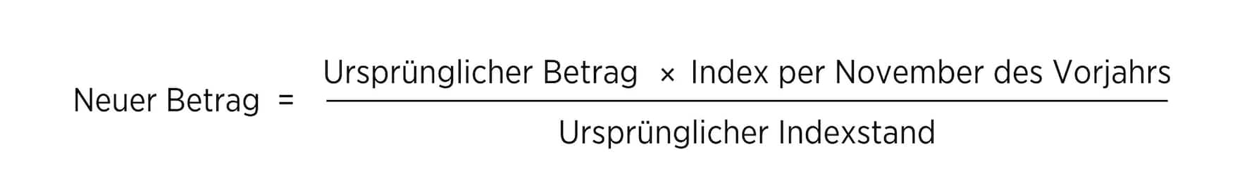 Folgende Formel zeigt, wie die Alimente anhand des Landesindex der Konsumentenpreise an die Teuerung angepasst werden