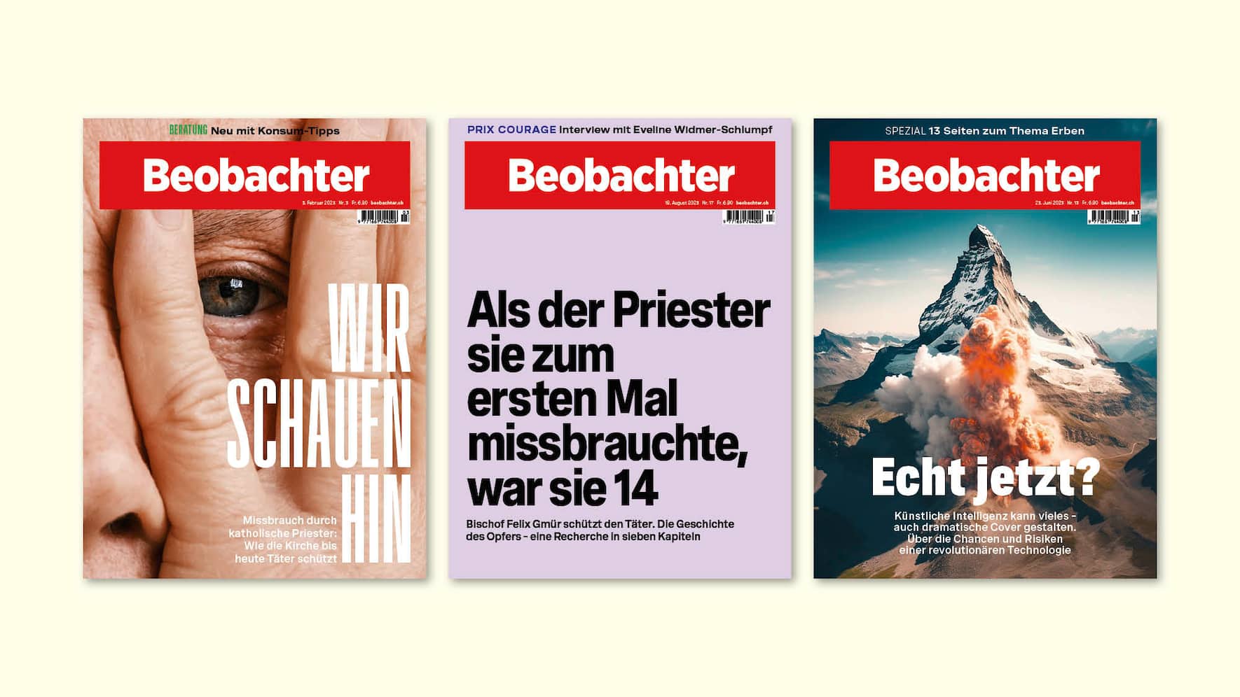 Die drei Covers «Wir schauen hin», Missbrauch in der katholischen Kirche und «Echt jetzt?»