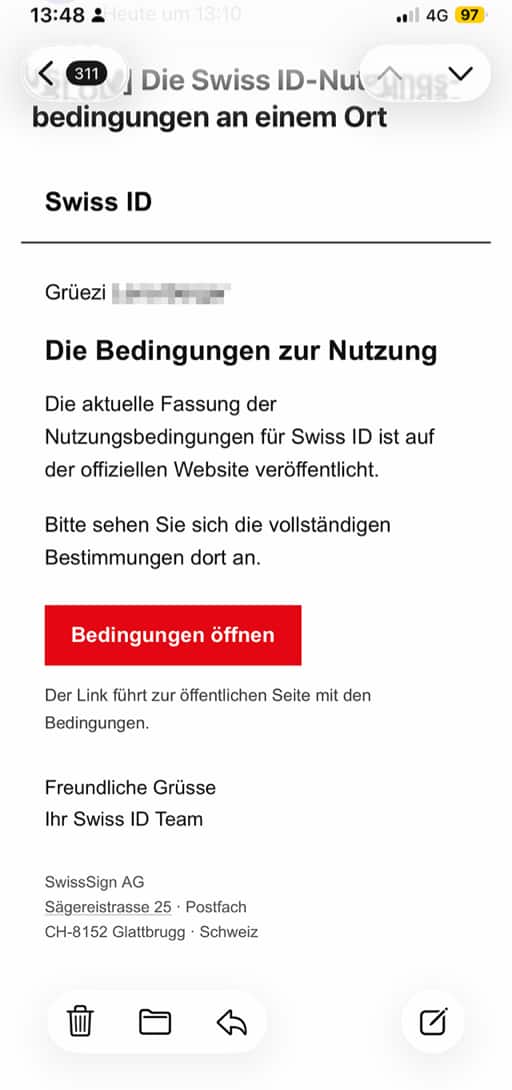 Vorsicht vor angeblichen Mails, die im Namen von Swiss ID geschickt werden, um aktualisierte Nutzungsbedingungen zu prüfen.