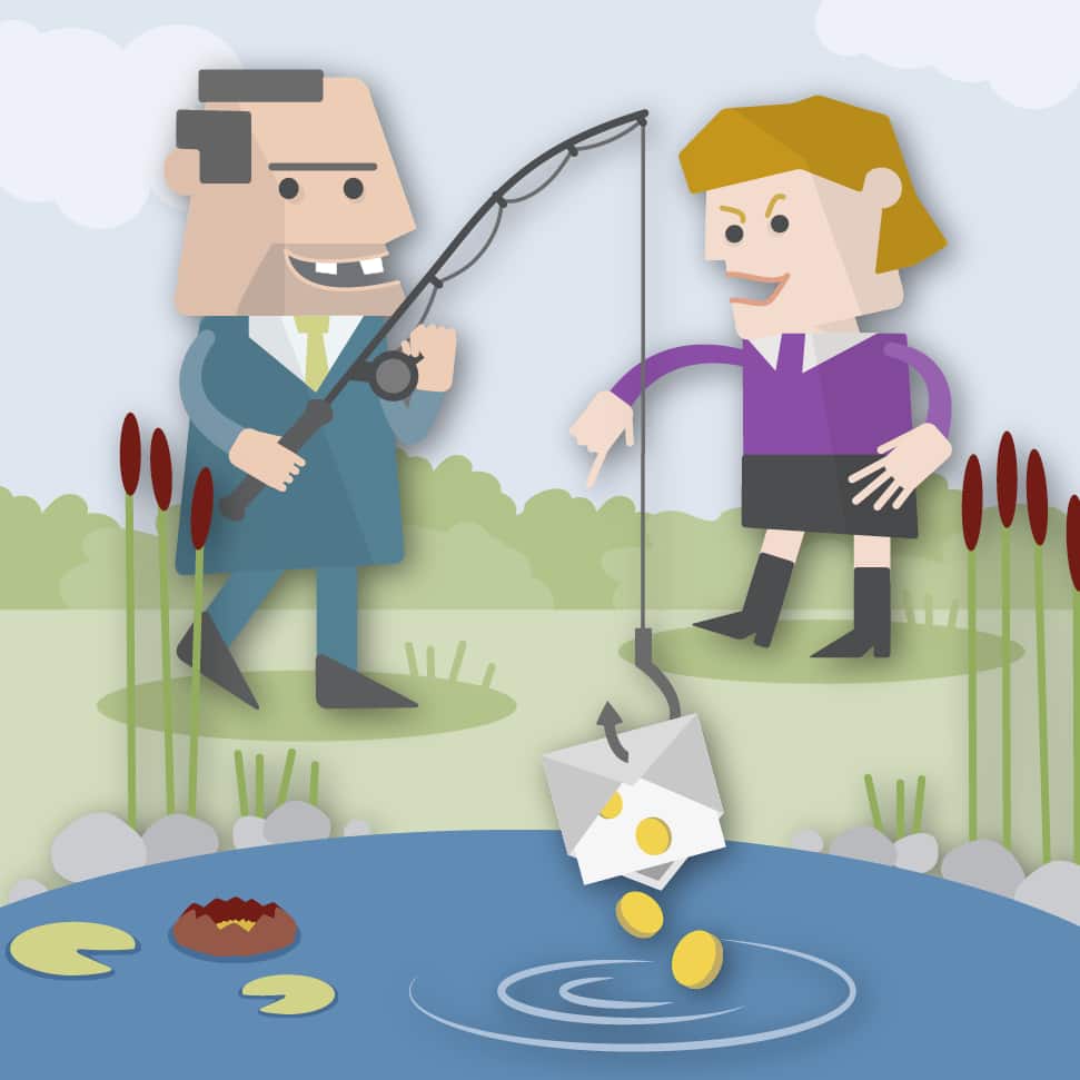 Eine Karrikatur eines Mannes und einer Frau. Der Mann angelt sich aus einem Teich ein Couvert mit Geld darin. Ein Trick, der sinnbildlich für Phishing-Mails steht.