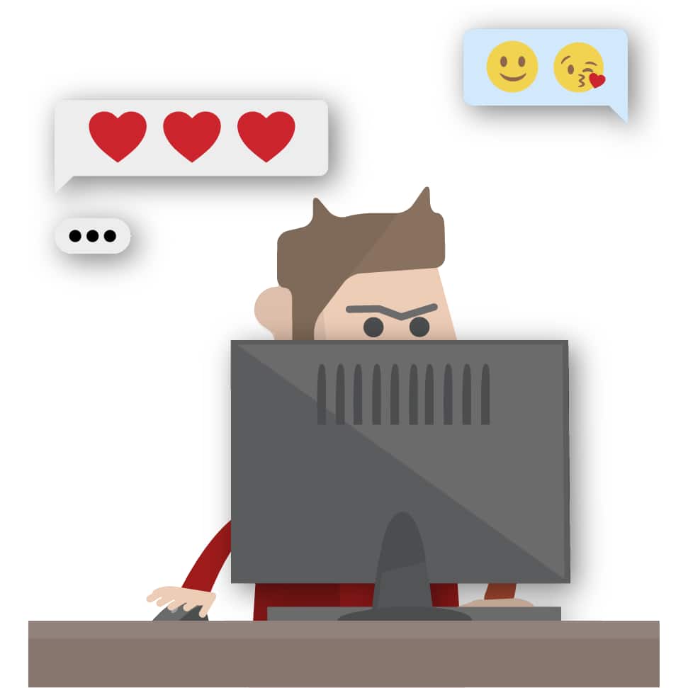 Karrikatur eines Romance Scammers, der hinter einem Desktop-Bildschirm steht und sein Opfer mit unechten Liebesbotschaften zutextet.