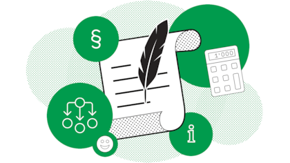 Eine Schreibfeder beschriftet ein Stück Papier, daneben sind Taschenrechner, Gesetzesparagraf sowie Quotenschema abgebildet. Das Schweizer Erbrecht gibt vor, welche Formalien für die Erstellung eines Testaments gelten und wie sich das Erbe berechnet. Die Expertinnen und Experten des Beobachters beraten Sie in erbrechtlichen Fragen.