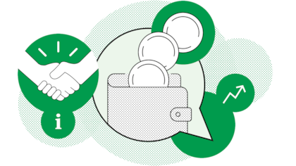 Drei Geldmünzen ragen aus einem Portemonnaie heraus, während sich zwei Personen die Hände reichen. Der Lohn ist Verhandlungssache. Zusammen mit dem jährlichen Mitarbeitergspräch ist es die Gelegenheit, damit Angestellte ihren Wert für die Firma unterstreichen und eine Lohnerhöhung fordern können.