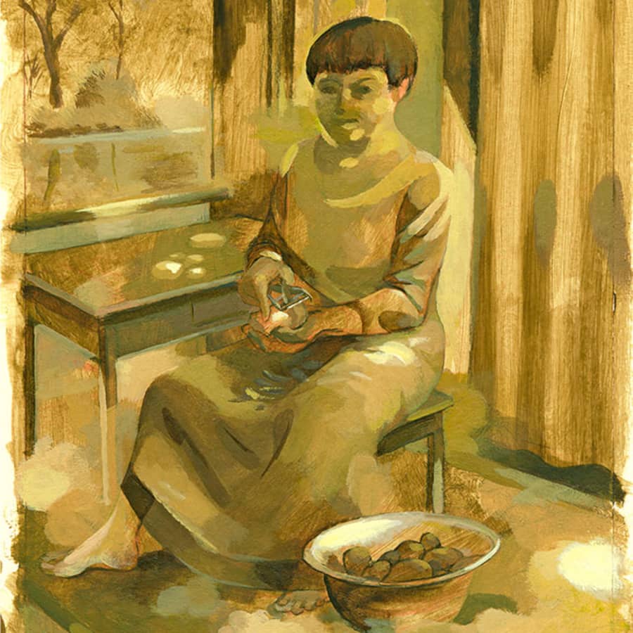 Frau schält Kartoffeln