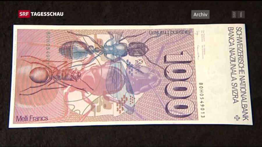 Tausend Franken Banknote "Die Ameise". Quelle: https://www.srf.ch/news/wirtschaft/banknoten-ohne-verfalldatum-die-ameise-behaelt-ihren-wert Foto: SRF (Bildschirmfoto)