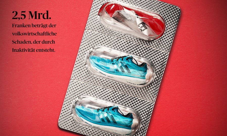 Sportschuhe sind in einen Medikamentenblister verpackt.