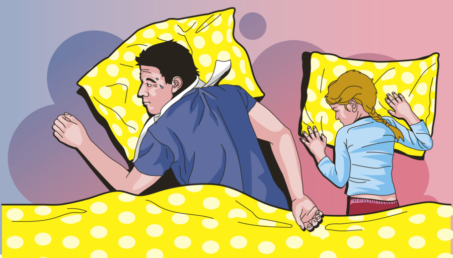 Vater und Kind liegen mit Fieber im Bett