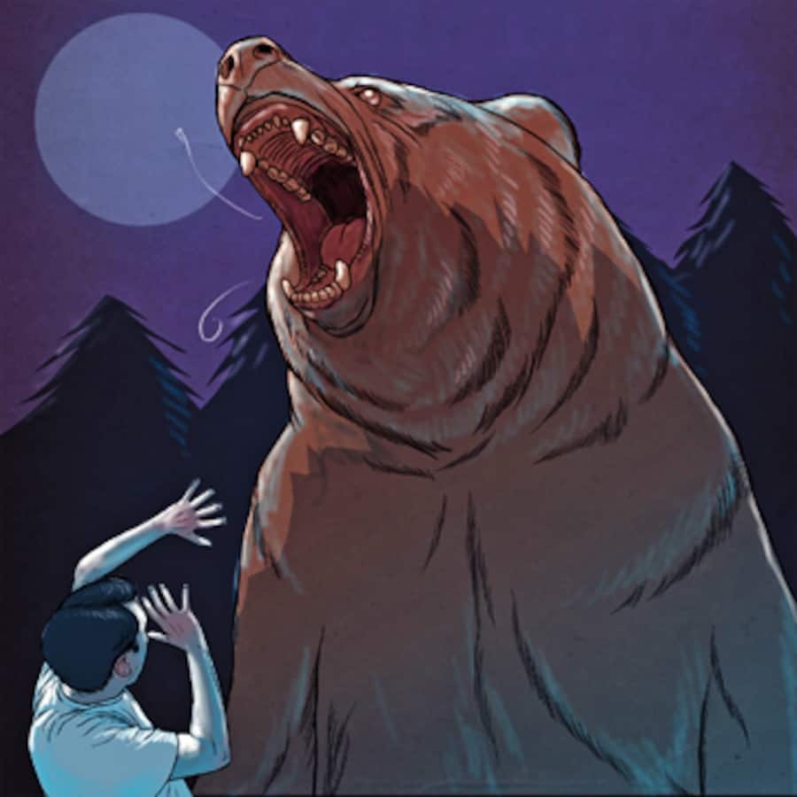 Ein Mann hält schützend die Hände vor sich, vor ihm bäumt sich ein grosser Bär auf.