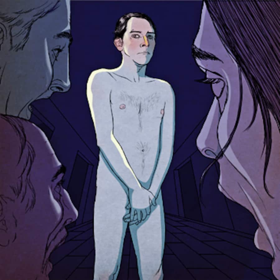 Ein Mann steht nackt da, während umstehende entsetzt schauen.