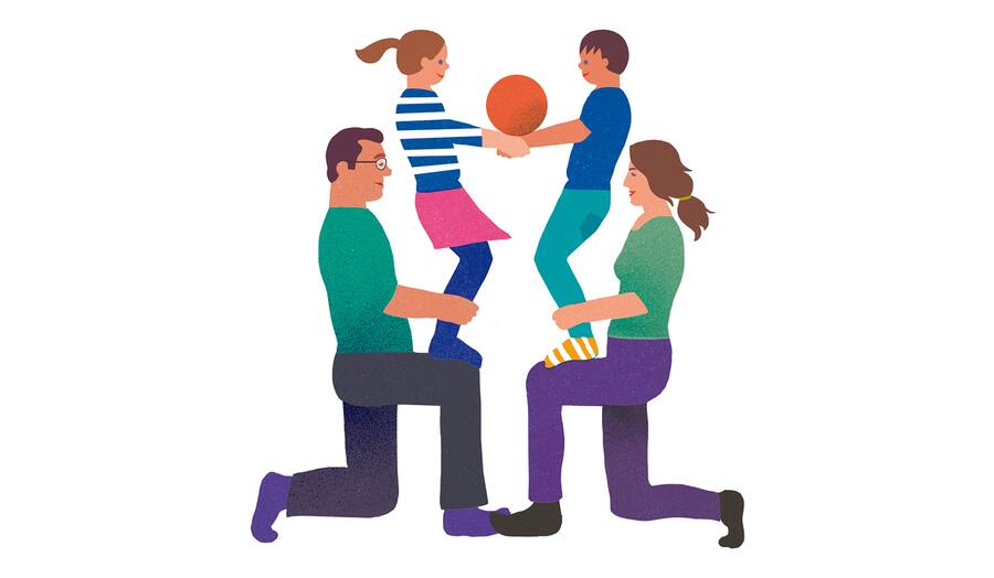 Illustration: Kinder stehen auf den Knien von Vater und Mutter