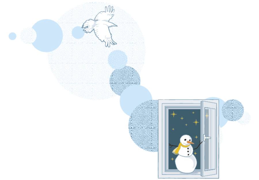 Illustration von einem Schneemann der im offenem Fenster steht