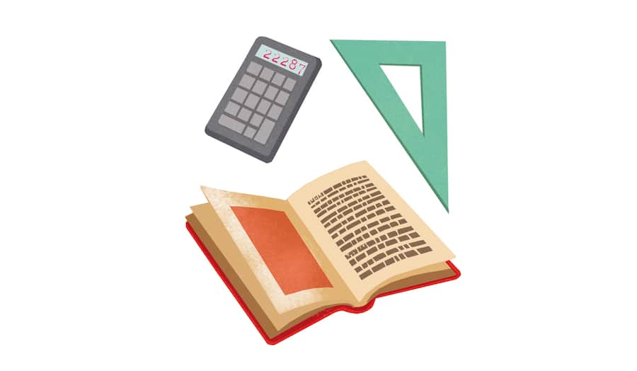 Illustration von Schulmaterial: Taschenrechner, Dreiecklineal und Schulbuch