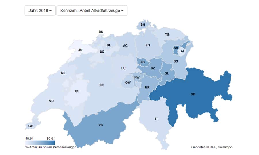 Karte mit Anteil Allrad-Fahrzeugen in allen Kantonen