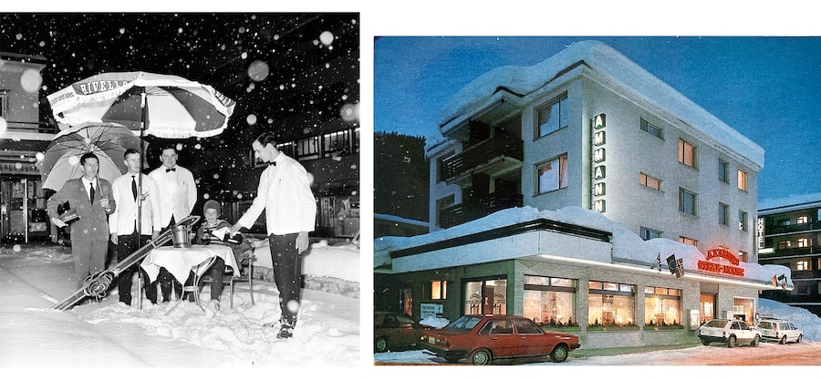 Angestellte in Davos begrüssen einen Gast – Rechts: Blick auf das Hotel Ammann in Davos