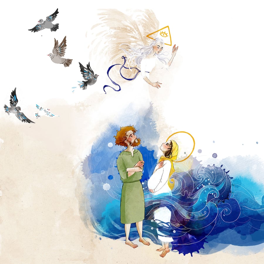 Der Engel Gabriel erscheint gegenüber Maria und Josef, um ihr zu sagen, dass sie mit Jesus schwanger ist.