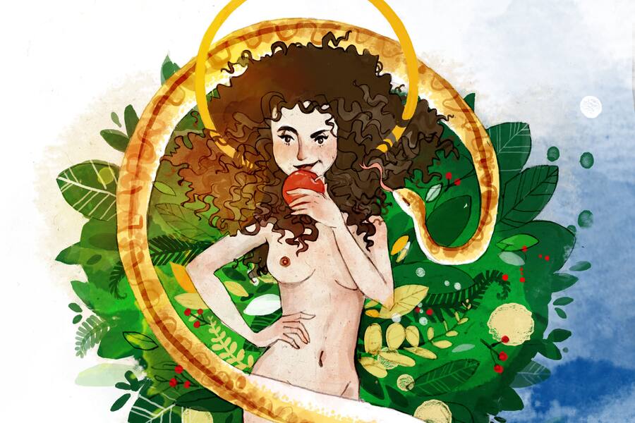 Eva isst die Frucht, die Gott ihr und Adam im Paradies zu essen verboten hat.