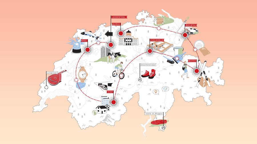 Schweizer Karte mit den Zwischenhalten und Stopps der Beobachter-Sonderausgabe «Hallo Helvetia»