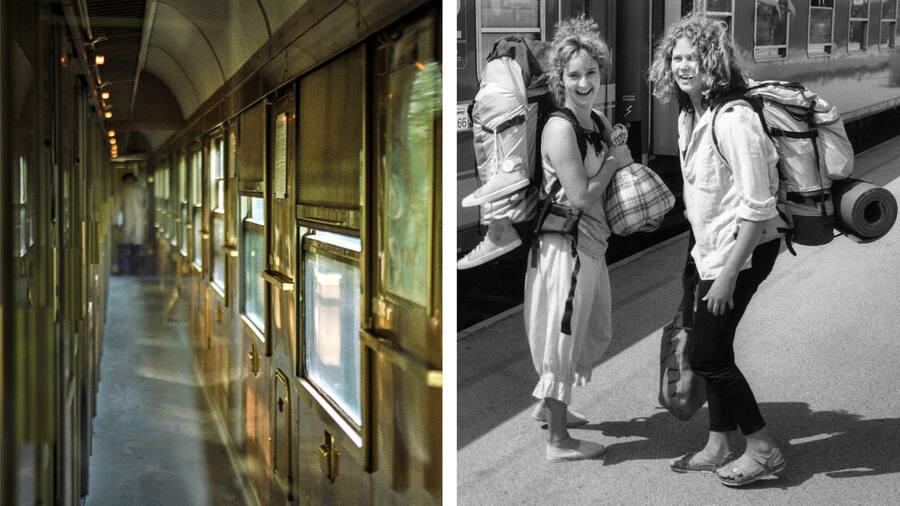 Ein Bild, das Interrailerinnen nicht kannten – leere Gänge im Zug. Espadrilles und schweres Gepäck – zwei mit Reisefieber (1995).