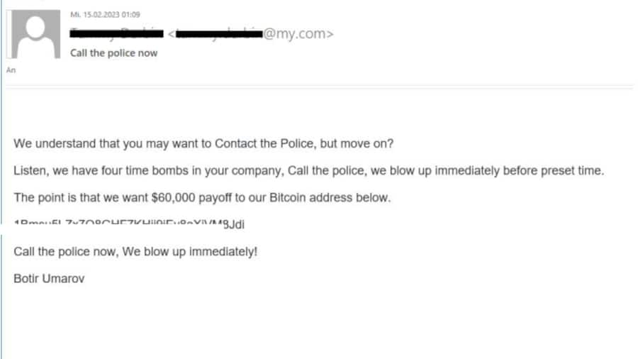 Betrüger verschicken per E-Mail Bombendrohungen an Firmen und verlangen Geld