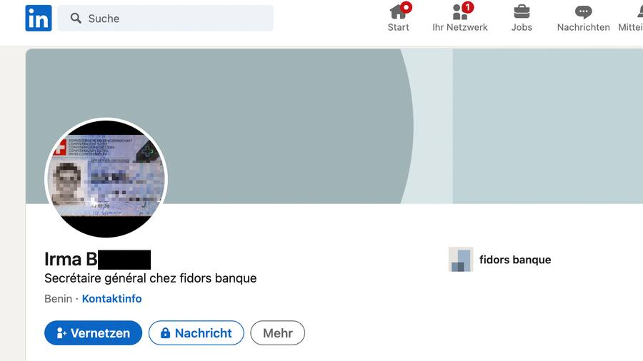 Fake-Konto mit Identitätskarte von Irma B.