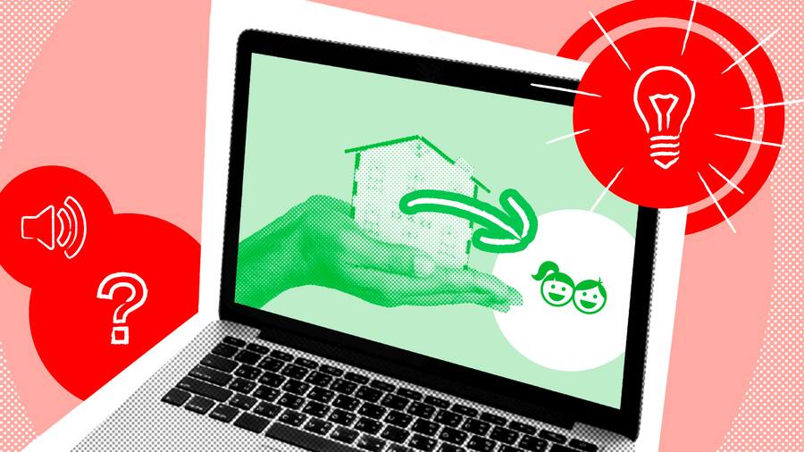 Auf einem aufgeklappten Laptop-Bildschirm ist eine Hand abgebildet, die ein kleines Haus trägt. Dazu ein Pfeil, welcher auf die Gesichter von zwei kleinen Kindern zeigt. Im Webinar des Beobachters zum Thema «Wie überschreiben wir unser Haus auf die Kinder» erfahren Sie mehr zu den rechtlichen Folgen und worauf Eltern achten sollten. Die Teilnahme am Onlineseminar ist kostenlos.