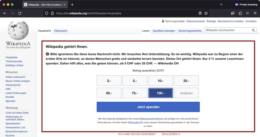 Ein Screenshot der Wikipedia-Website zeigt den Spendenaufruf.