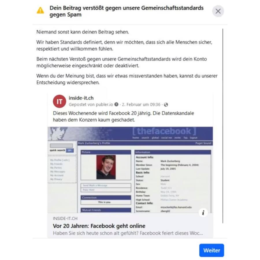Facebook sperrt Artikel von Inside-IT