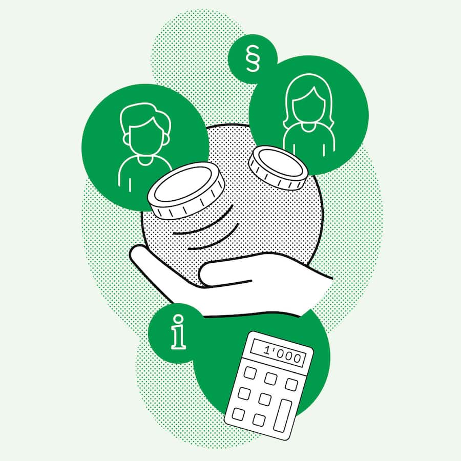 Um eine offene Hand befinden sich Münzen, Taschenrechner und Piktogramme einer Frau und eines Mannes. Bei einer Scheidung geht es immer auch um Geld und um die Frage, ob Alimente geschuldet sind. Der Beobachter bietet zu diesem Thema diverse Beratungsangebote, Artikel und Hilfe zur Selbsthilfe