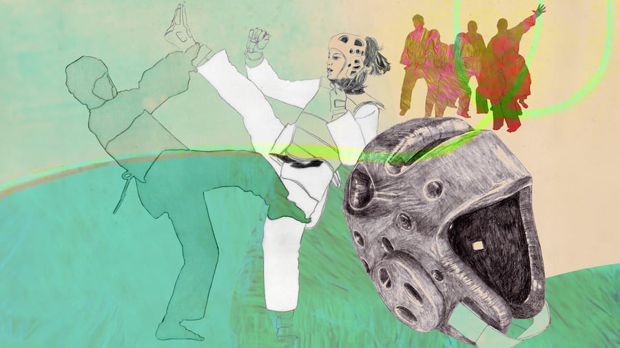 Illustration: Amira Karimi ist in ihrer Gewichtsklasse Schweizer Meister im Taekwondo; SOS Beobachter Kinder – die vergessenen Armen In der reichen Schweiz leben um die 100’000 Kinder und Jugendliche in Armut. Sie werden dadurch ausgegrenzt. Die Stiftung SOS Beobachter kann Brücken bauen.