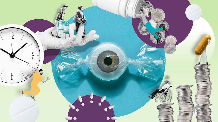 Collage mit Abbildungen eines Auges, gestapelte Münzen, Menschen, Medikamente und einer Uhr.