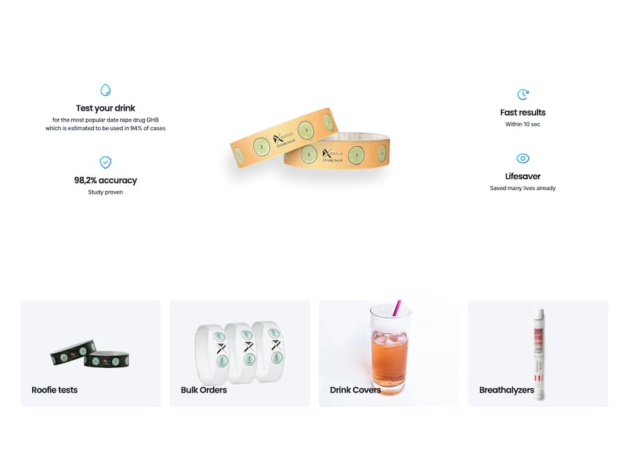 Bildschirmfoto mit Ausschnitt der Landingpage von https://xantus-drinksafe.com/ , Xantus Drinksafe USA, Hersteller des Xantus KO Tropfen Schutz Armbands.