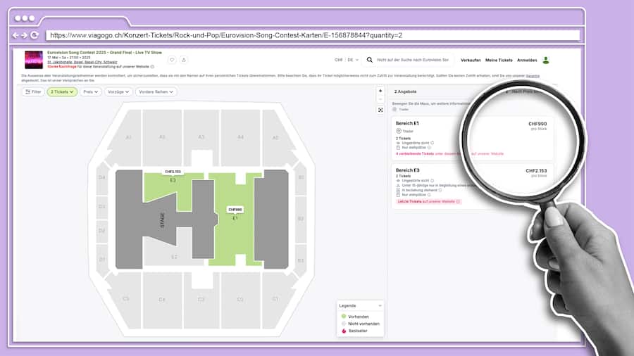 Preise für ESC-Tickest im Wiederverkauf auf Viagogo: Bis zum Zehnfachen des Preises; Eurovision Song Contest Weiterverkaufte Tickets sind eventuell ungültig 42’000 Tickets für den ESC waren innert Minuten ausverkauft – viele an Geschäftemacher. Wer bei ihnen kauft, ist eventuell sehr viel Geld los – ohne Show.