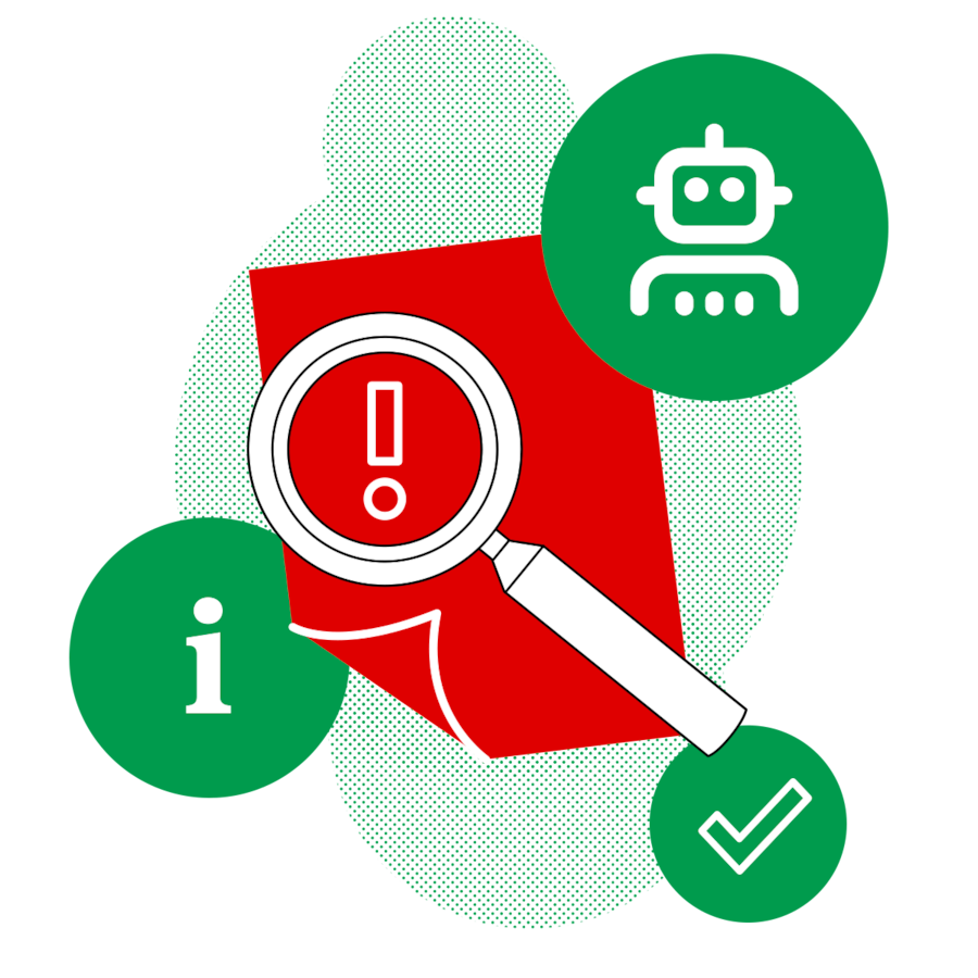 Illustrationen mit Roboter, Lupe, i für Information und Häkchen. Arbeitszeugnis-Checker von Beobachter.