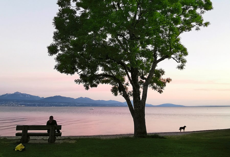 Bänkli am Plage du Pélican am Genfersee