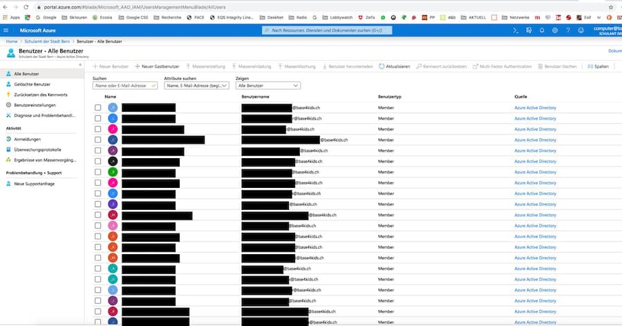 Screenshot einer Schülerliste, auf die man mit den publizierten Logindaten Einsicht hat.