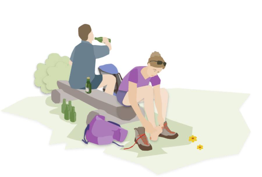 Zwei Wanderer werden illustriert, wie sie auf einer Holzbank sitzen, sich verpflegen und die Ausrüstung kontrollieren.