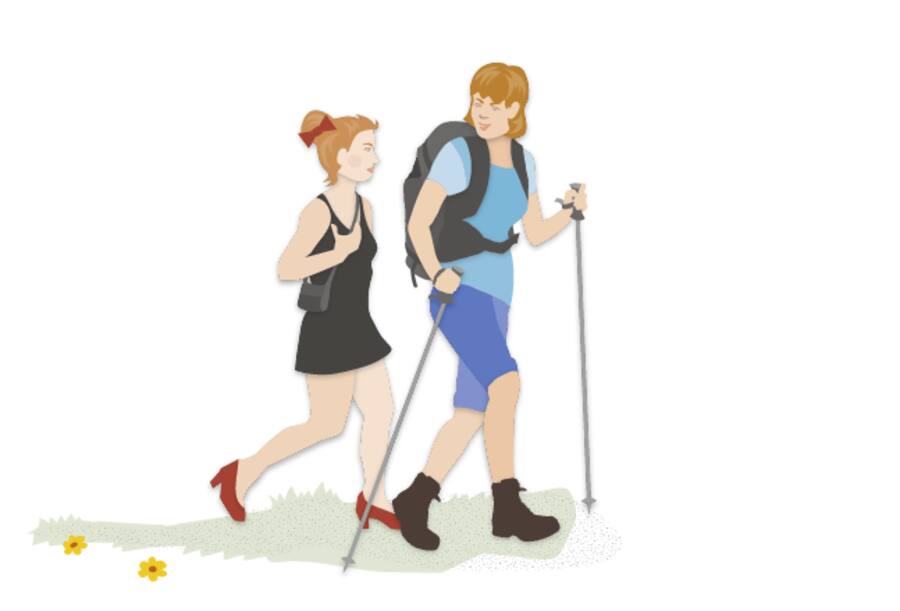 Zwei Wanderinnen sind illustriert, die auf einem Feldweg gehen. Die eine geht mit Wanderstöcken